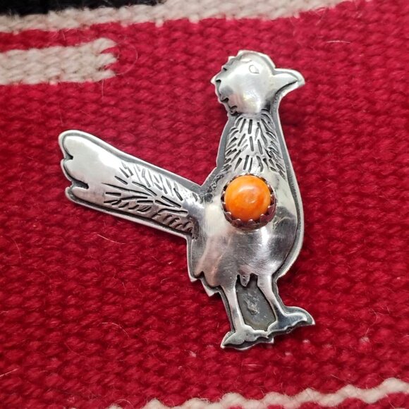 None Jewelry - Roadrunner or Chicken Pendant Sterling Silver w/Orange Spiny Oyster Shell 1.5"